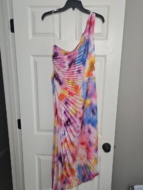 Belle Badgley Mischka One Shoulder Pleated Asymmetrical Dress: Pink Multi: 12